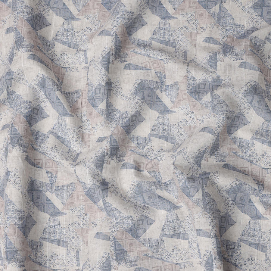 قماش كتان مخلوط مطبوع بنقش تجريدي باللون الأزرق العاجي - عرض 140 سم، صنع في الهند، يُباع بالمتر - D23081