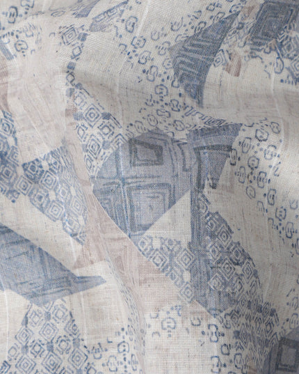 قماش كتان مخلوط مطبوع بنقش تجريدي باللون الأزرق العاجي - عرض 140 سم، صنع في الهند، يُباع بالمتر - D23081