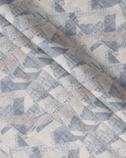 قماش كتان مخلوط مطبوع بنقش تجريدي باللون الأزرق العاجي - عرض 140 سم، صنع في الهند، يُباع بالمتر - D23081