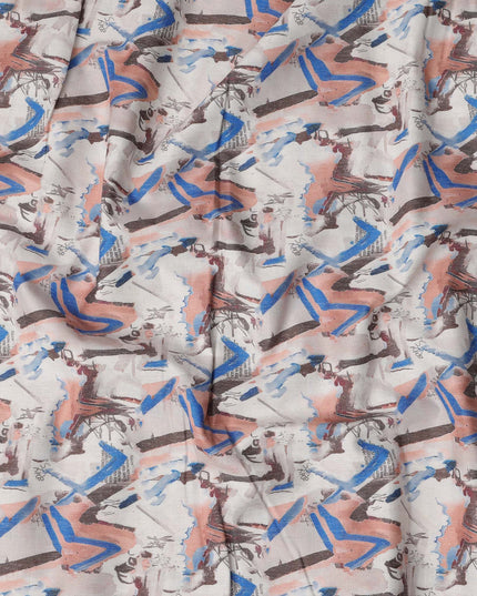 قماش كتان مخلوط بطباعة ضربات الفرشاة متعدد الألوان بلون أبيض عاجي - عرض 140 سم، صنع في الهند، يُباع بالمتر - D23082