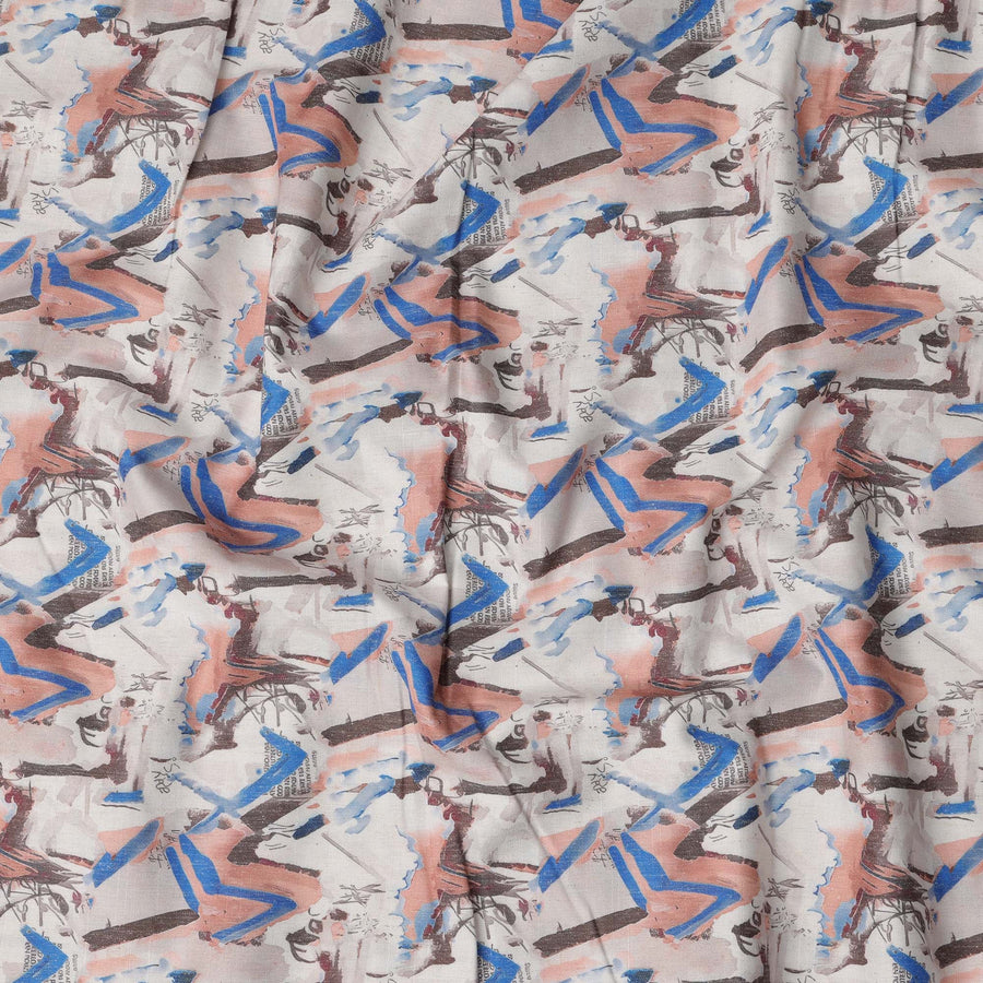 قماش كتان مخلوط بطباعة ضربات الفرشاة متعدد الألوان بلون أبيض عاجي - عرض 140 سم، صنع في الهند، يُباع بالمتر - D23082