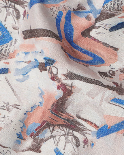 قماش كتان مخلوط بطباعة ضربات الفرشاة متعدد الألوان بلون أبيض عاجي - عرض 140 سم، صنع في الهند، يُباع بالمتر - D23082