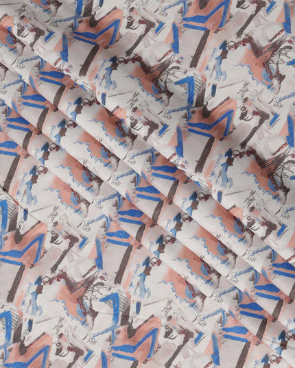 قماش كتان مخلوط بطباعة ضربات الفرشاة متعدد الألوان بلون أبيض عاجي - عرض 140 سم، صنع في الهند، يُباع بالمتر - D23082