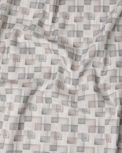 Ivory Grey Beige Geometric Square Printed Blended Linen Fabric – Width 140 Cms, Made in India, Sold Per Meter-D23083