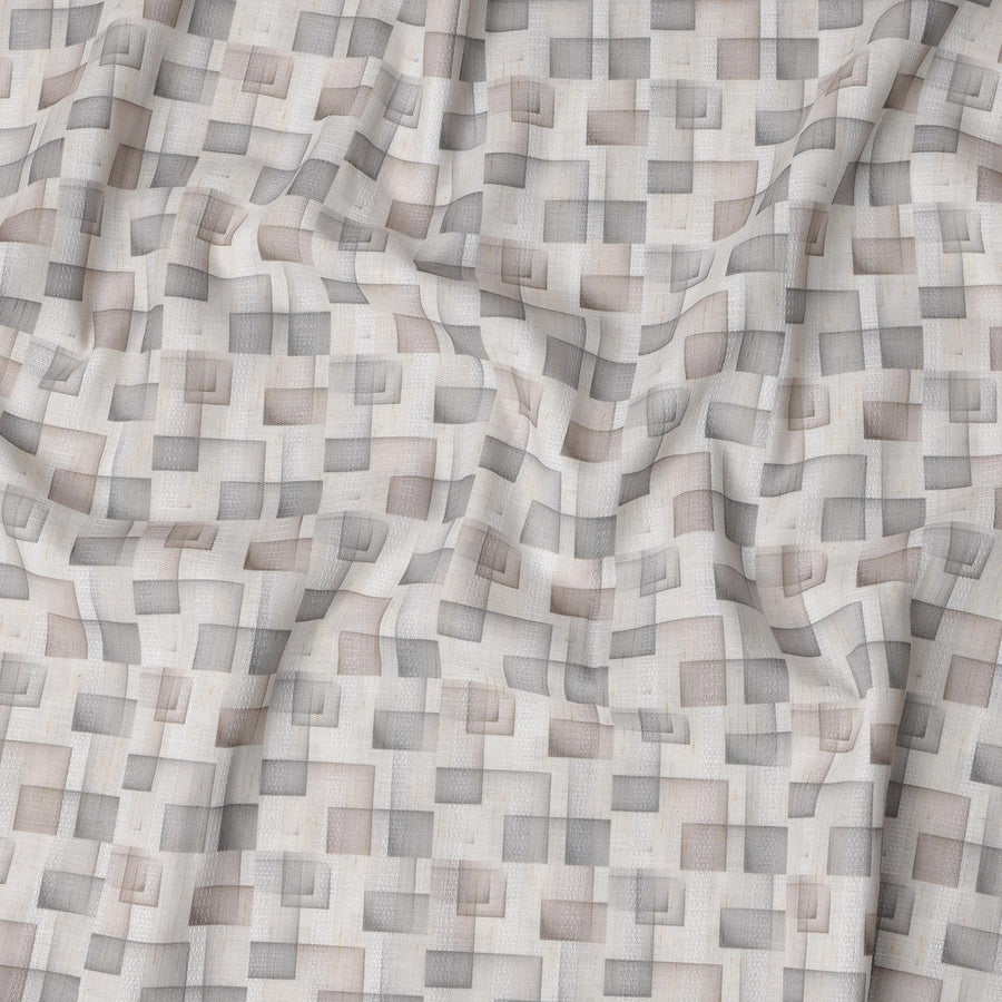 Ivory Grey Beige Geometric Square Printed Blended Linen Fabric – Width 140 Cms, Made in India, Sold Per Meter-D23083
