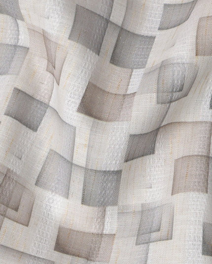 Ivory Grey Beige Geometric Square Printed Blended Linen Fabric – Width 140 Cms, Made in India, Sold Per Meter-D23083