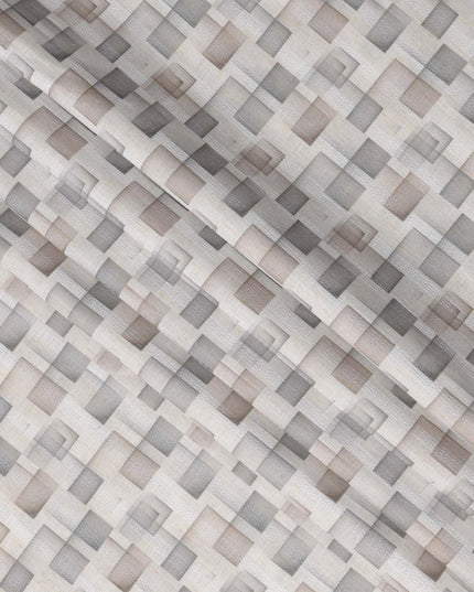 Ivory Grey Beige Geometric Square Printed Blended Linen Fabric – Width 140 Cms, Made in India, Sold Per Meter-D23083
