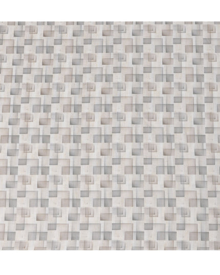 Ivory Grey Beige Geometric Square Printed Blended Linen Fabric – Width 140 Cms, Made in India, Sold Per Meter-D23083