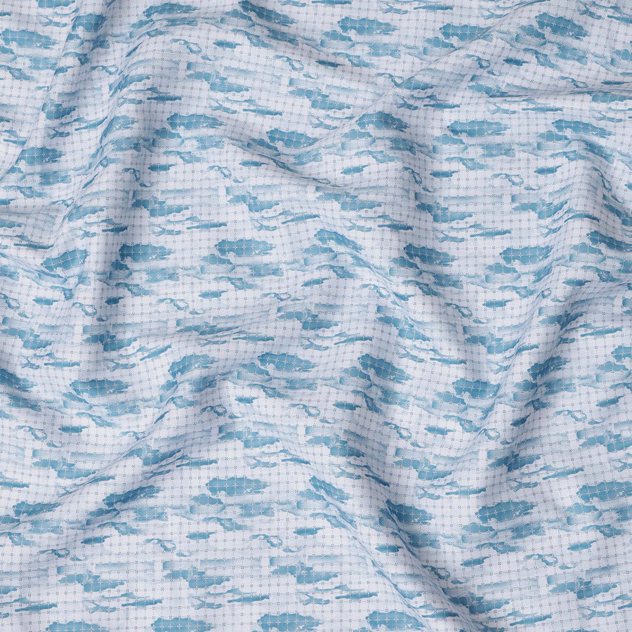 Sky Blue Cloud Print Blended Linen Fabric – Width 140 Cms, Made in India, Sold Per Meter-D23085
