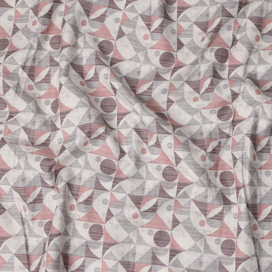 قماش كتان مخلوط مطبوع هندسيًا باللون الرمادي العاجي الموف - عرض 140 سم، صنع في الهند، يُباع بالمتر - D23086