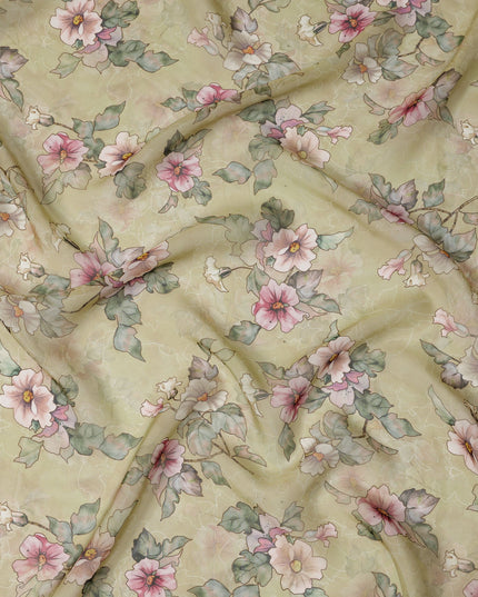 Light Olive Floral Printed Synthetic Organza Fabric with Watercolor Effect, Width 110 Cms, Made in India-D23313