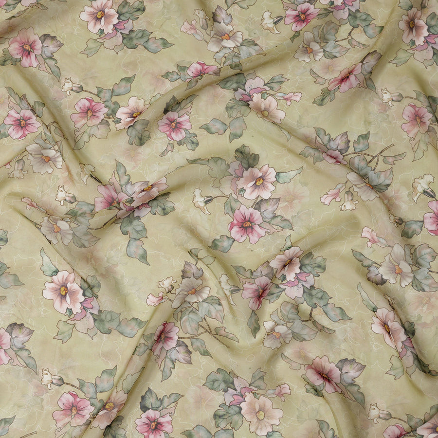 Light Olive Floral Printed Synthetic Organza Fabric with Watercolor Effect, Width 110 Cms, Made in India-D23313