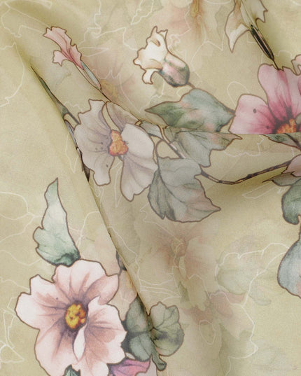 Light Olive Floral Printed Synthetic Organza Fabric with Watercolor Effect, Width 110 Cms, Made in India-D23313
