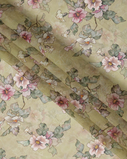 Light Olive Floral Printed Synthetic Organza Fabric with Watercolor Effect, Width 110 Cms, Made in India-D23313
