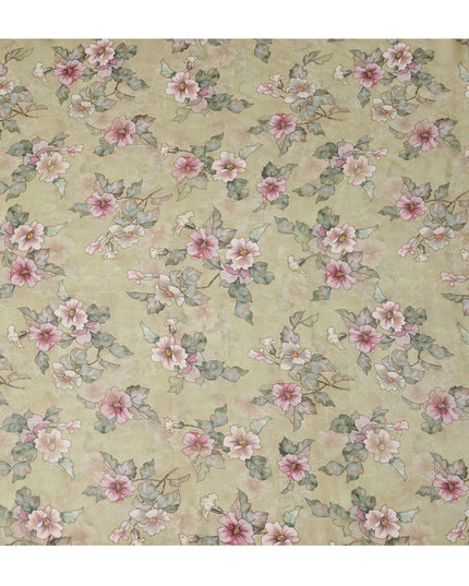 Light Olive Floral Printed Synthetic Organza Fabric with Watercolor Effect, Width 110 Cms, Made in India-D23313