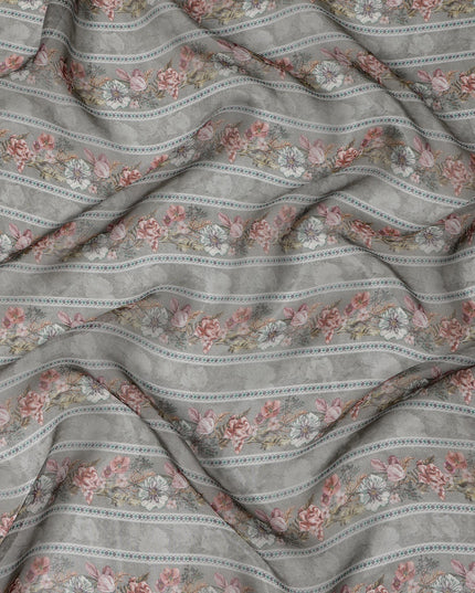 Dusty Grey Floral Stripe Printed Synthetic Organza Fabric with Pastel Detailing, Width 110 Cms, Made in India-D23314