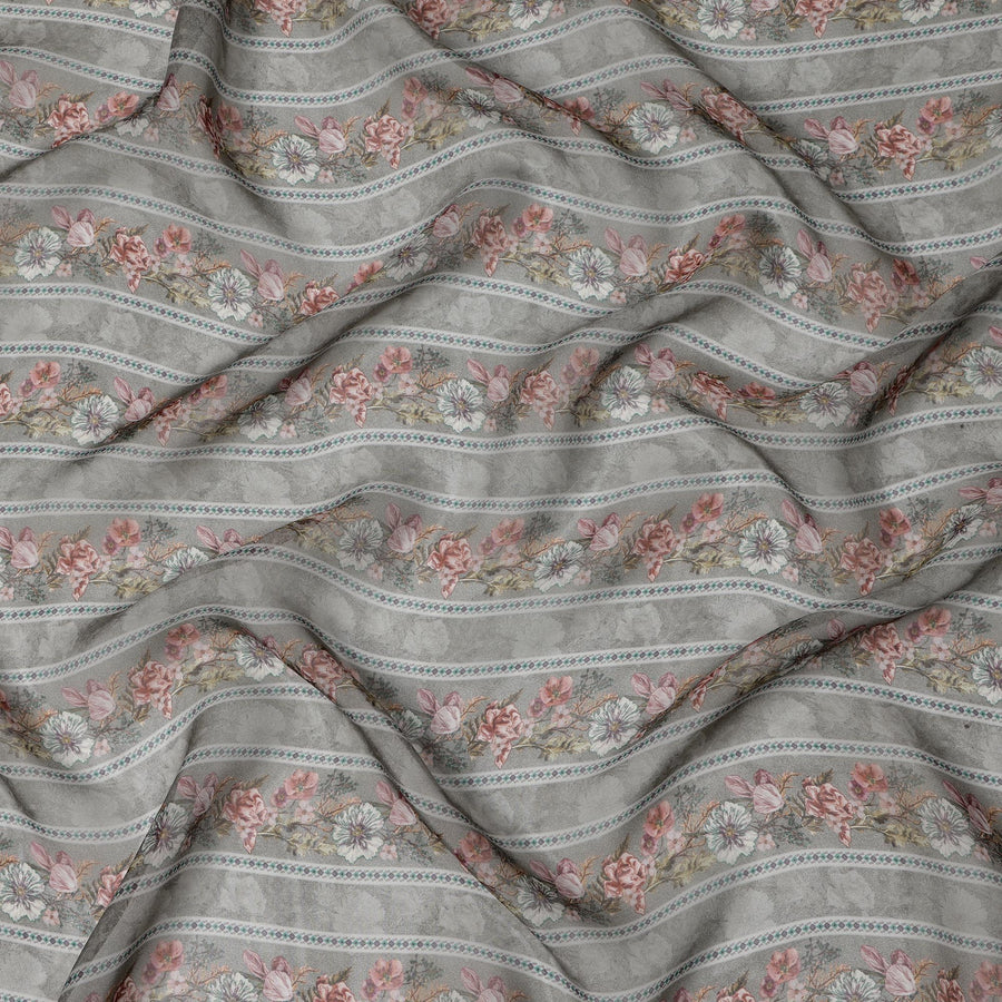Dusty Grey Floral Stripe Printed Synthetic Organza Fabric with Pastel Detailing, Width 110 Cms, Made in India-D23314