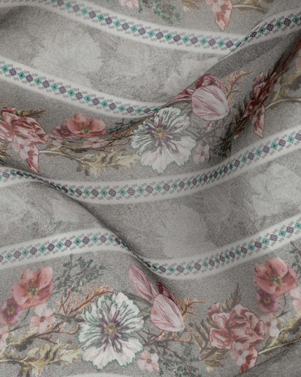 Dusty Grey Floral Stripe Printed Synthetic Organza Fabric with Pastel Detailing, Width 110 Cms, Made in India-D23314