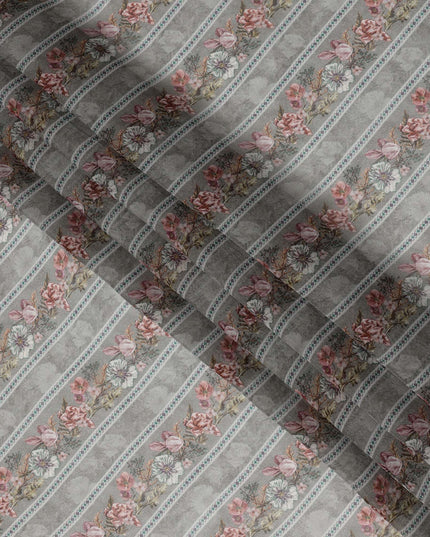 Dusty Grey Floral Stripe Printed Synthetic Organza Fabric with Pastel Detailing, Width 110 Cms, Made in India-D23314