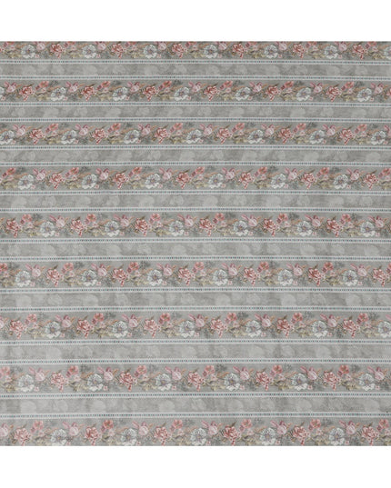 Dusty Grey Floral Stripe Printed Synthetic Organza Fabric with Pastel Detailing, Width 110 Cms, Made in India-D23314