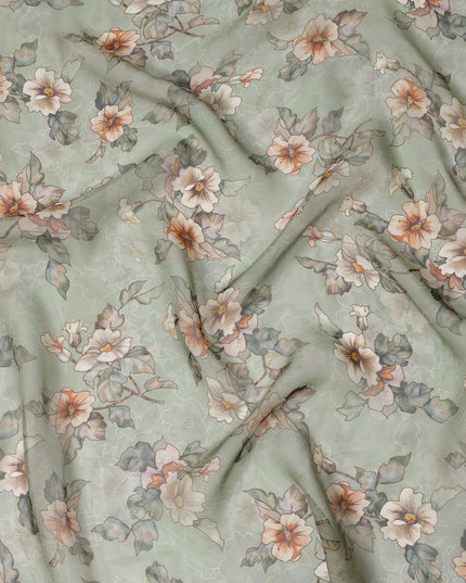قماش أورجانزا صناعي مطبوع عليه زهور باللون الأخضر المريمية مع أزهار ناعمة بلون الخوخ والعاجي، عرض 110 سم، صنع في الهند - D23315
