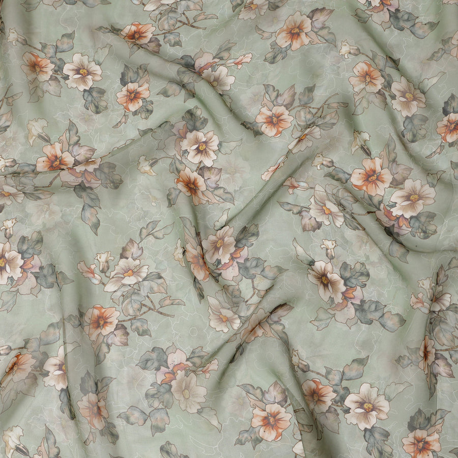 قماش أورجانزا صناعي مطبوع عليه زهور باللون الأخضر المريمية مع أزهار ناعمة بلون الخوخ والعاجي، عرض 110 سم، صنع في الهند - D23315