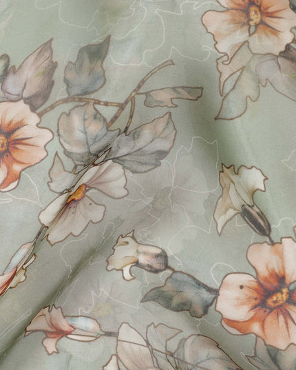 قماش أورجانزا صناعي مطبوع عليه زهور باللون الأخضر المريمية مع أزهار ناعمة بلون الخوخ والعاجي، عرض 110 سم، صنع في الهند - D23315