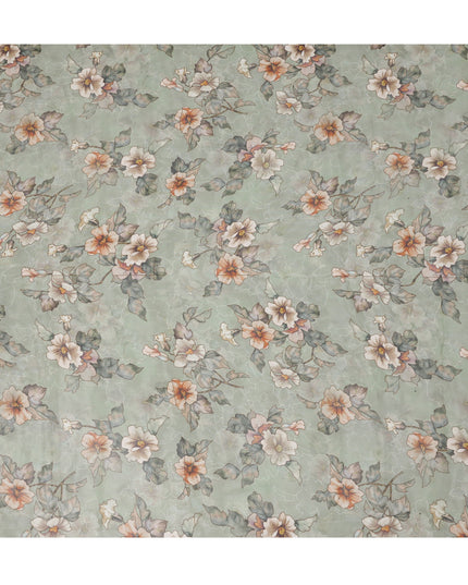 قماش أورجانزا صناعي مطبوع عليه زهور باللون الأخضر المريمية مع أزهار ناعمة بلون الخوخ والعاجي، عرض 110 سم، صنع في الهند - D23315