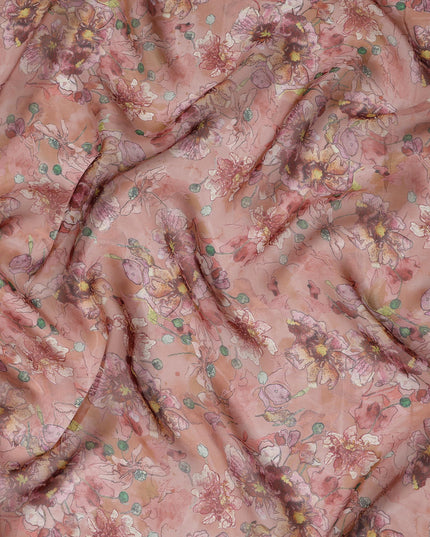 Dusty Rose Multicolor Floral Printed Synthetic Organza Fabric with Artistic Brushstroke Design, Width 110 Cms, Made in India-D23316