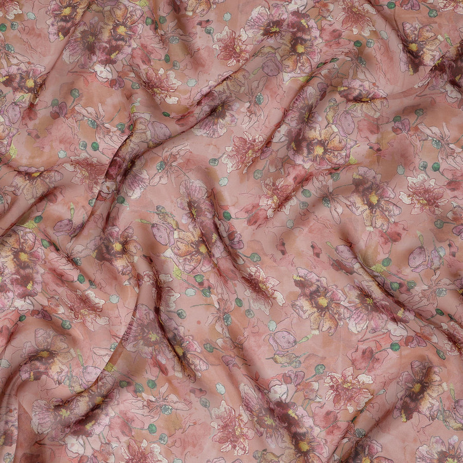 Dusty Rose Multicolor Floral Printed Synthetic Organza Fabric with Artistic Brushstroke Design, Width 110 Cms, Made in India-D23316