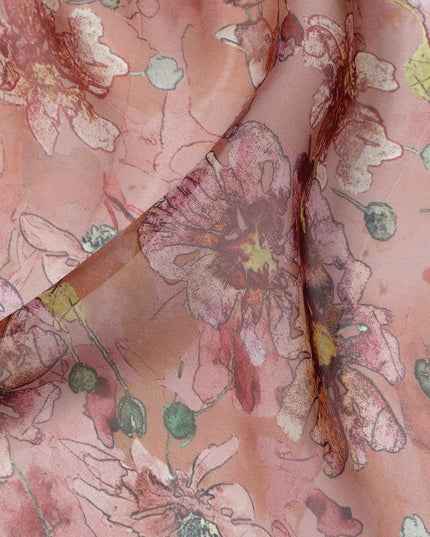 Dusty Rose Multicolor Floral Printed Synthetic Organza Fabric with Artistic Brushstroke Design, Width 110 Cms, Made in India-D23316
