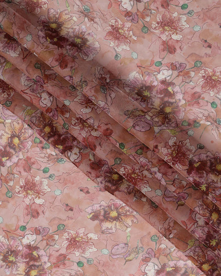 Dusty Rose Multicolor Floral Printed Synthetic Organza Fabric with Artistic Brushstroke Design, Width 110 Cms, Made in India-D23316