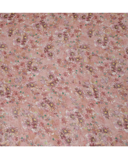 Dusty Rose Multicolor Floral Printed Synthetic Organza Fabric with Artistic Brushstroke Design, Width 110 Cms, Made in India-D23316