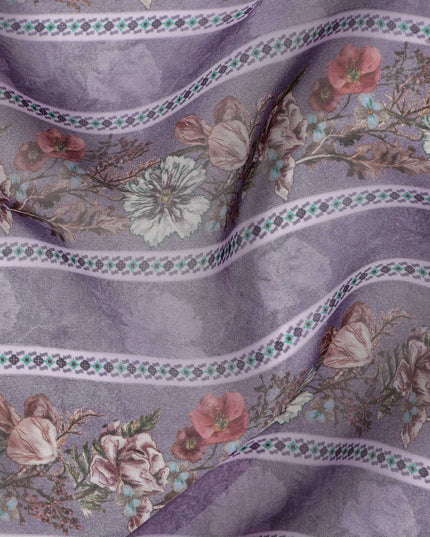 Lavender Floral Stripe Printed Synthetic Organza Fabric with Vintage Pastel Detailing, Width 110 Cms, Made in India-D23317
