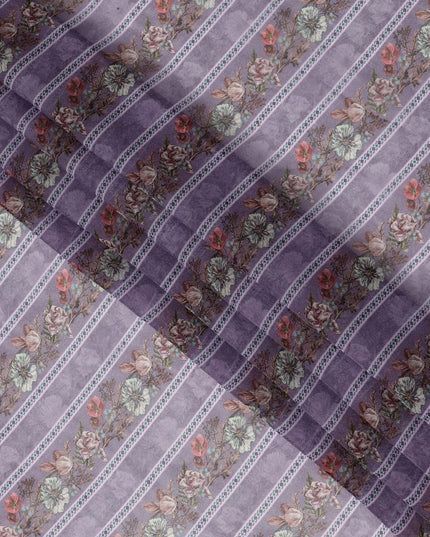 Lavender Floral Stripe Printed Synthetic Organza Fabric with Vintage Pastel Detailing, Width 110 Cms, Made in India-D23317