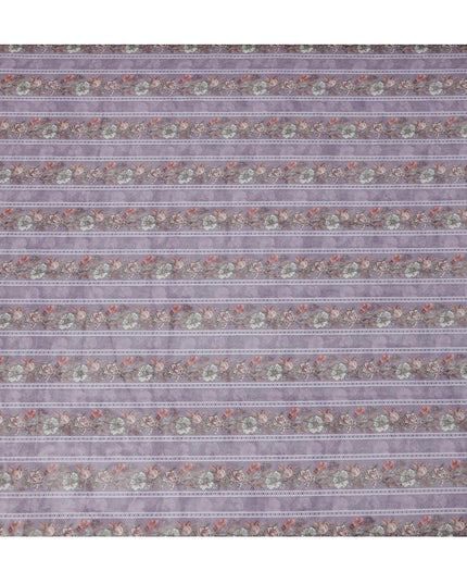 Lavender Floral Stripe Printed Synthetic Organza Fabric with Vintage Pastel Detailing, Width 110 Cms, Made in India-D23317