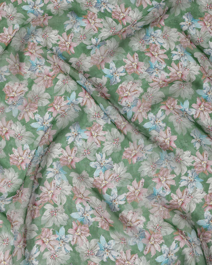 قماش أورجانزا صناعي مطبوع عليه زهور متعدد الألوان باللون الأخضر الورقي مع زخارف زهرية فاتحة، عرض 110 سم، صنع في الهند - D23318