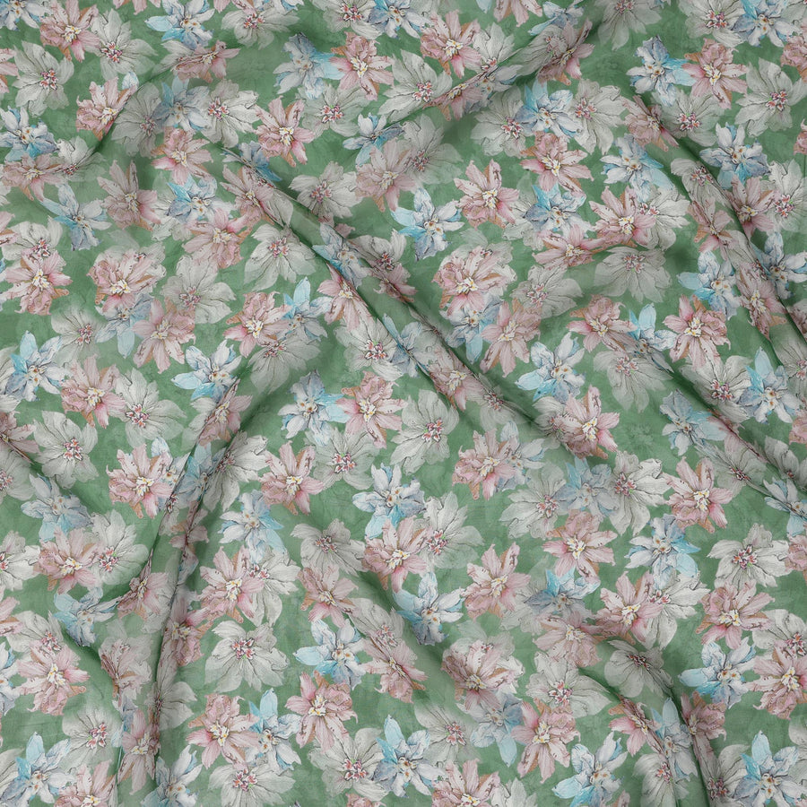قماش أورجانزا صناعي مطبوع عليه زهور متعدد الألوان باللون الأخضر الورقي مع زخارف زهرية فاتحة، عرض 110 سم، صنع في الهند - D23318