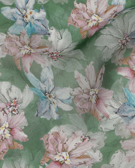 قماش أورجانزا صناعي مطبوع عليه زهور متعدد الألوان باللون الأخضر الورقي مع زخارف زهرية فاتحة، عرض 110 سم، صنع في الهند - D23318