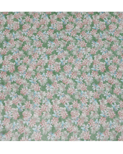 قماش أورجانزا صناعي مطبوع عليه زهور متعدد الألوان باللون الأخضر الورقي مع زخارف زهرية فاتحة، عرض 110 سم، صنع في الهند - D23318