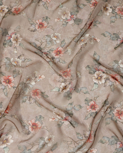 قماش أورجانزا صناعي مطبوع عليه زهور باللون البيج مع أزهار ناعمة باللون المرجاني والعاجي، عرض 110 سم، صنع في الهند - D23319