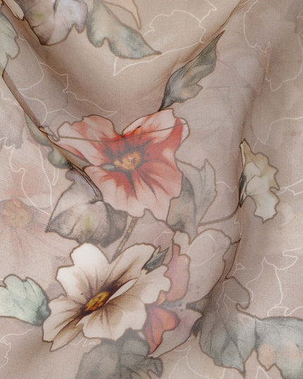 قماش أورجانزا صناعي مطبوع عليه زهور باللون البيج مع أزهار ناعمة باللون المرجاني والعاجي، عرض 110 سم، صنع في الهند - D23319