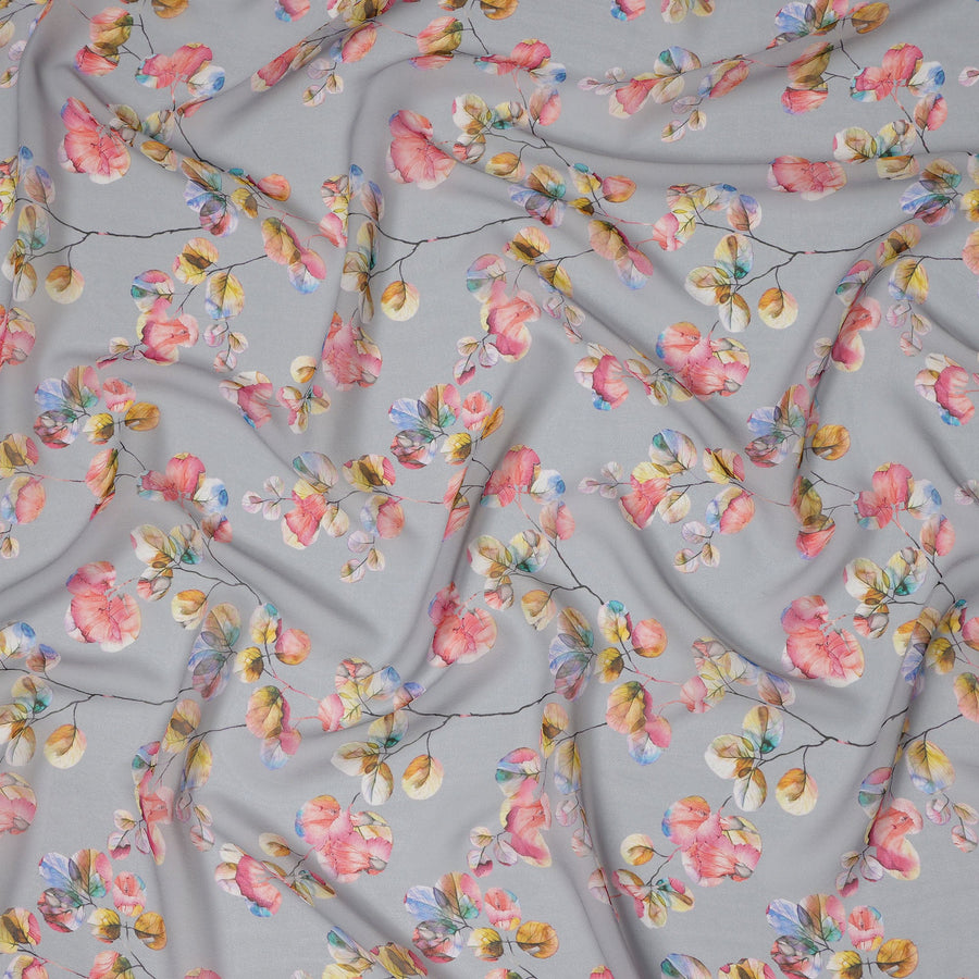Soft Grey Multicolor Leaf Printed Synthetic Georgette Fabric with Watercolor Branch Design, Width 110 Cms, Made in India-D23321