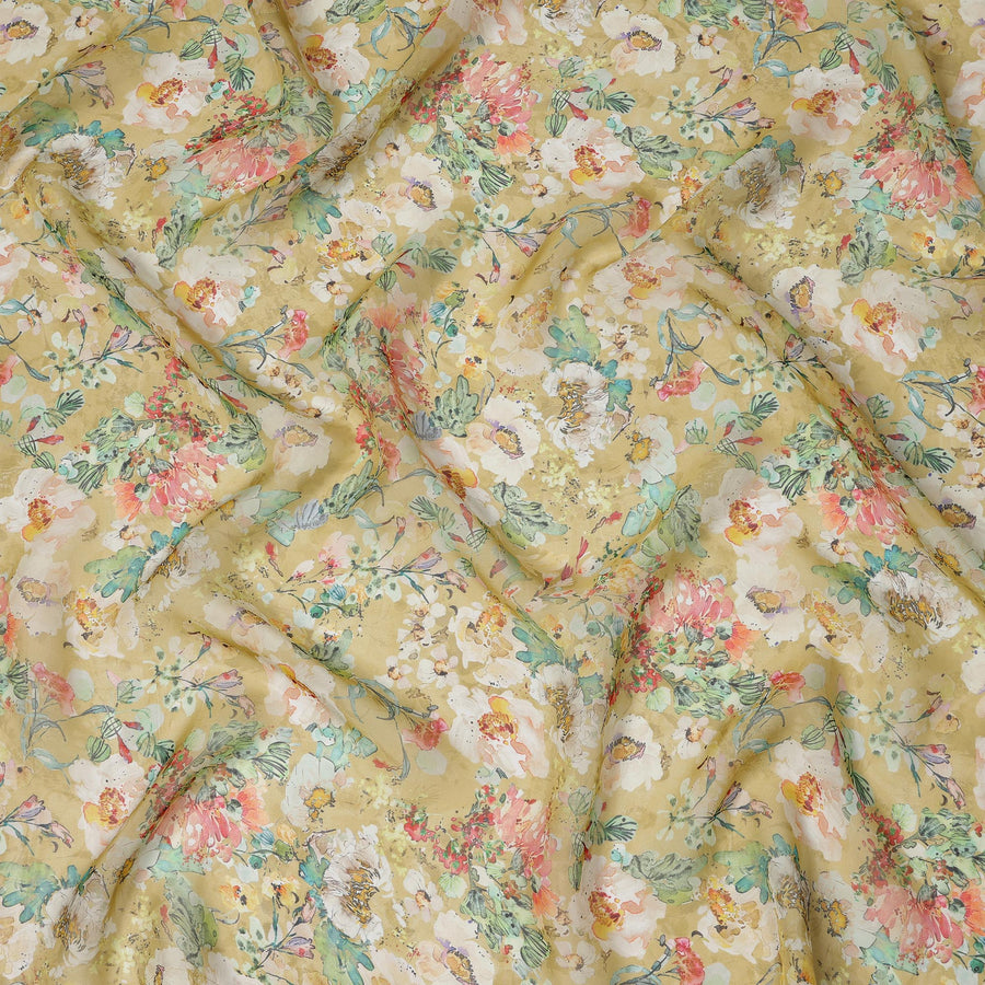 قماش أورجانزا صناعي مطبوع عليه زهور متعدد الألوان باللون الأصفر الخردلي مع زخارف نباتية فنية، عرض 110 سم، صنع في الهند - D23322