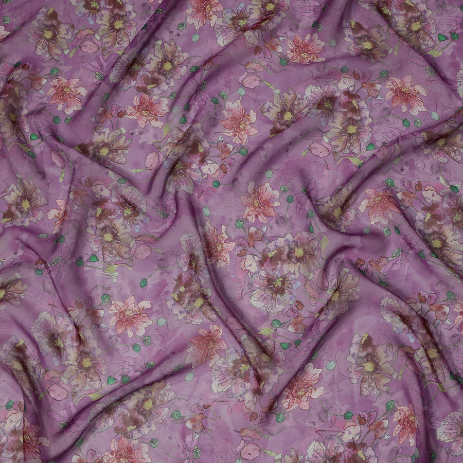Mauve Purple Multicolor Floral Printed Synthetic Organza Fabric with Artistic Bloom Detailing, Width 110 Cms, Made in India-D23324