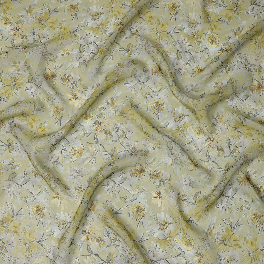 Pistachio Green Watercolor Floral Printed Synthetic Organza Fabric with Yellow and White Bloom Design, Width 110 Cms, Made in India-D23328