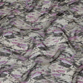 Ivory Abstract Brushstroke Printed Synthetic Organza Fabric with Black and Lilac Accents, Width 110 Cms, Made in India-D23330
