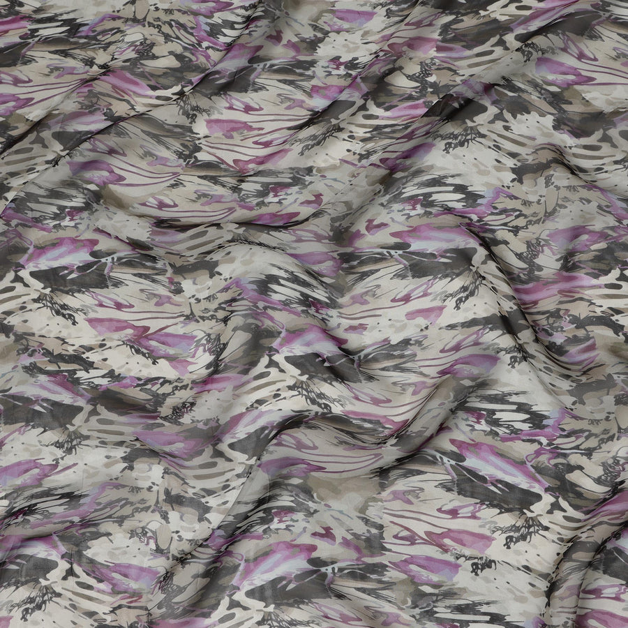 Ivory Abstract Brushstroke Printed Synthetic Organza Fabric with Black and Lilac Accents, Width 110 Cms, Made in India-D23330