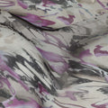 Ivory Abstract Brushstroke Printed Synthetic Organza Fabric with Black and Lilac Accents, Width 110 Cms, Made in India-D23330