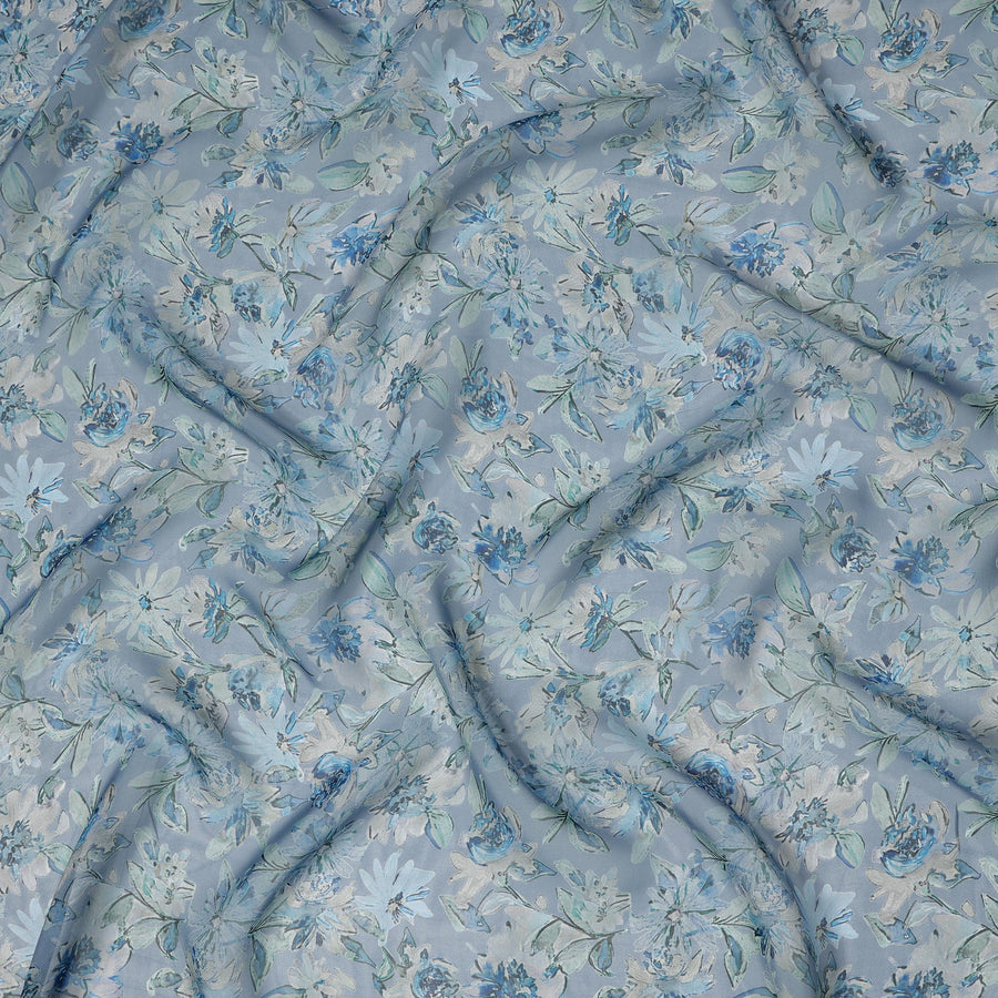 Dusty Blue Watercolor Floral Printed Synthetic Organza Fabric with White and Aqua Bloom Design, Width 110 Cms, Made in India-D23331